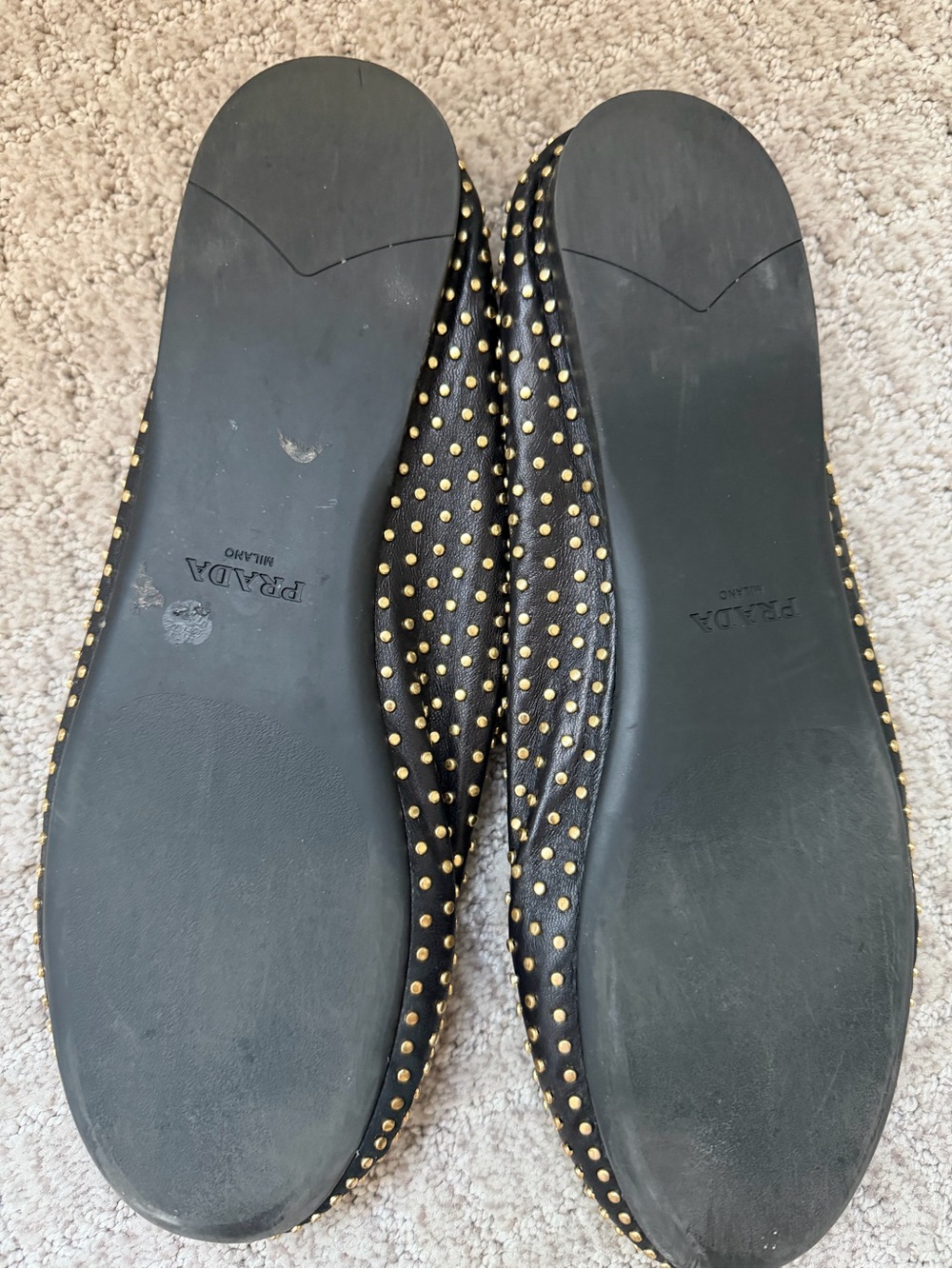 Prada Black Leather Studded Mary Jane Flats with Gold Accents - Picture 2 of 2